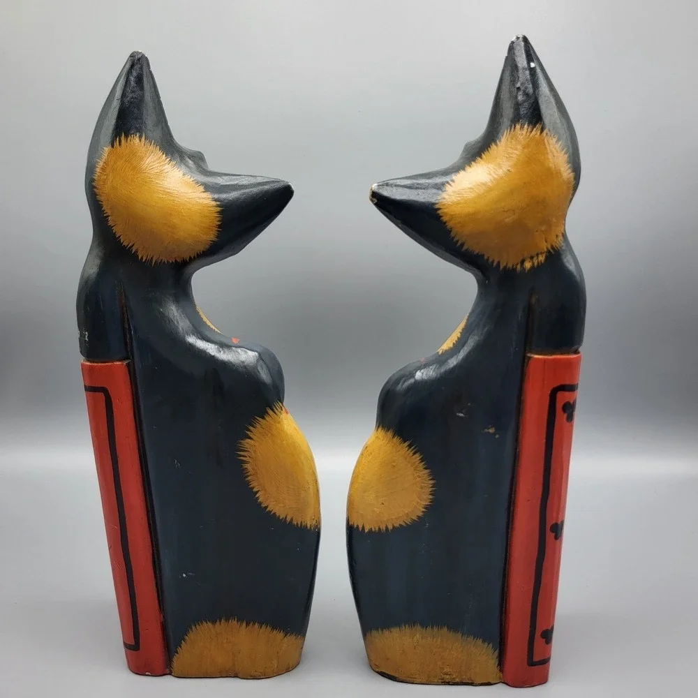 Wooden Cat Bookends Hand Painted Folk Art Colorful Shelf Decor Blue Yellow Red